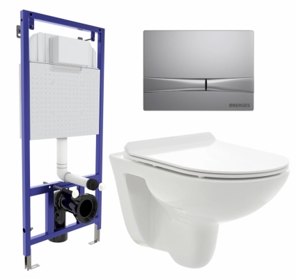 Комплект 3 в 1 инсталляция Berges Wasserhaus Novum 040252 + Унитаз подвесной AQUAme AQM2008 + кнопка хром матовая