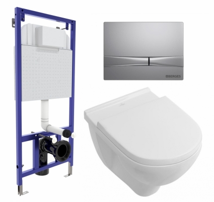 Комплект 3 в 1 инсталляция Berges Wasserhaus Novum 040252 + Унитаз подвесной Villeroy & Boch O Novo Directflush + кнопка хром матовая
