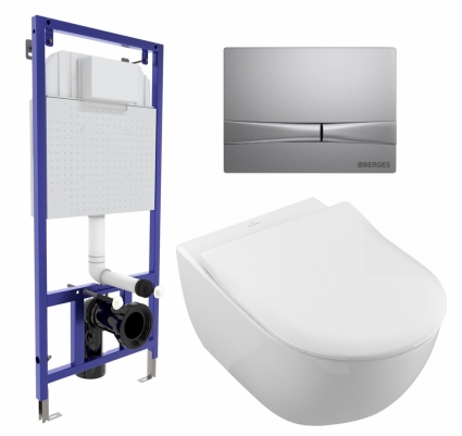 Комплект 3 в 1 инсталляция Berges Wasserhaus Novum 040252 + Унитаз подвесной Villeroy & Boch Subway 2.0 5614R201 + кнопка хром матовая