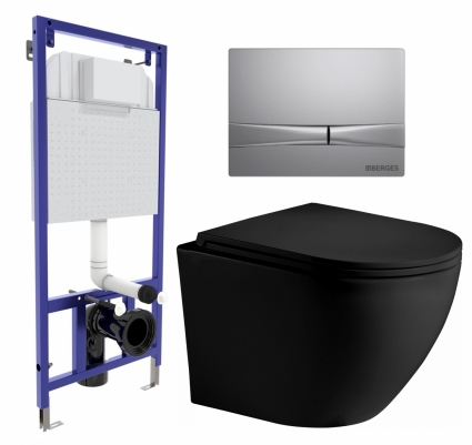 Комплект 3 в 1 инсталляция Berges Wasserhaus Novum 040252 + Унитаз подвесной Weltwasser WW Merzbach 043 MT-BL + кнопка хром матовая