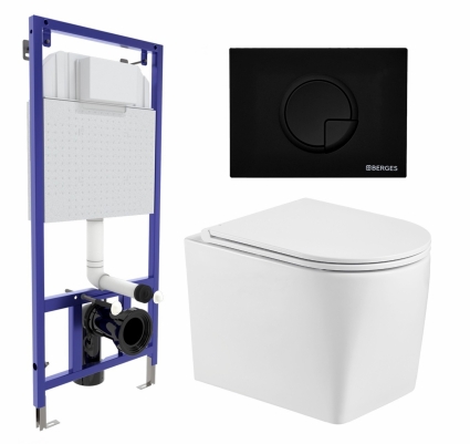 Комплект 3 в 1 инсталляция Berges Wasserhaus Novum 040225 + Унитаз подвесной WeltWasser Nesenbach 004 GL-WT + кнопка черная