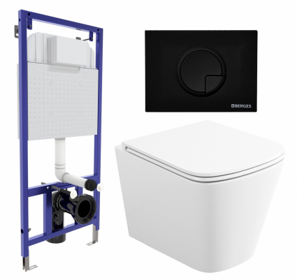 Комплект 3 в 1 инсталляция Berges Wasserhaus Novum 040225 + Унитаз подвесной Enio Binario Tornado 1.0 + кнопка черная