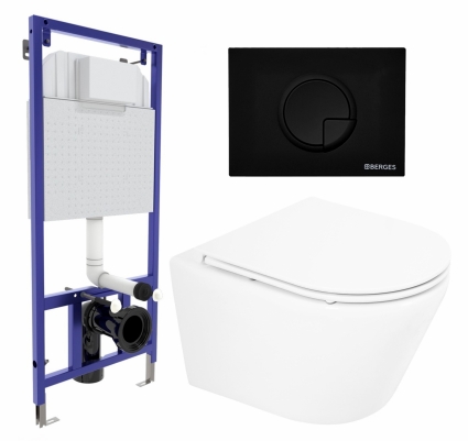 Комплект 3 в 1 инсталляция Berges Wasserhaus Novum 040225 + Унитаз подвесной BelBagno Tre BB8001CHR/SC + кнопка черная