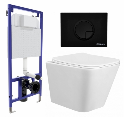 Комплект 3 в 1 инсталляция Berges Wasserhaus Novum 040225 + Унитаз подвесной Taliente Correto CR25200 + кнопка черная