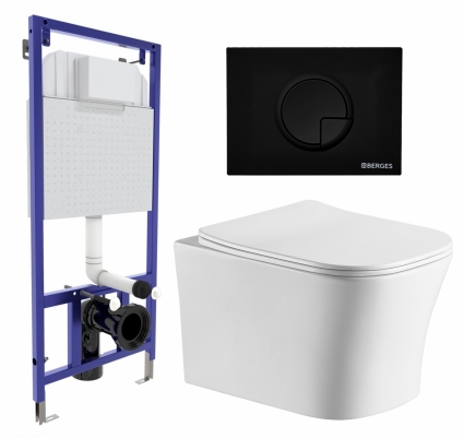 Комплект 3 в 1 инсталляция Berges Wasserhaus Novum 040225 + Подвесной унитаз CeruttiSpa Marmolada aria CT7778 + кнопка черная