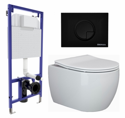 Комплект 3 в 1 инсталляция Berges Wasserhaus Novum 040225 + Унитаз подвесной Ceramica Nova Play CN3001 + кнопка черная
