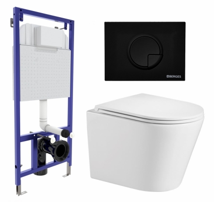Комплект 3 в 1 инсталляция Berges Wasserhaus Novum 040225 + Подвесной унитаз WeltWasser Salzbach 043 GL-WT + кнопка черная