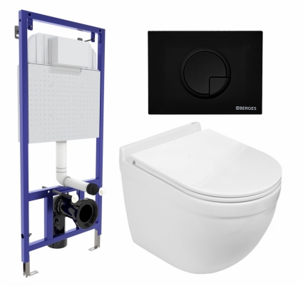 Комплект 3 в 1 инсталляция Berges Wasserhaus Novum 040225 + Подвесной унитаз WeltWasser Heimbach 043 GL-WT + кнопка черная