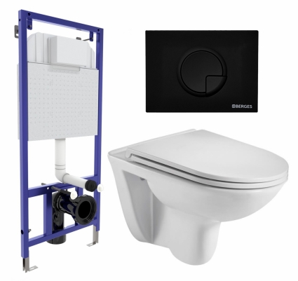 Комплект 3 в 1 инсталляция Berges Wasserhaus Novum 040225 + Подвесной унитаз WeltWasser Baarbach 004 GL-WT + кнопка черная