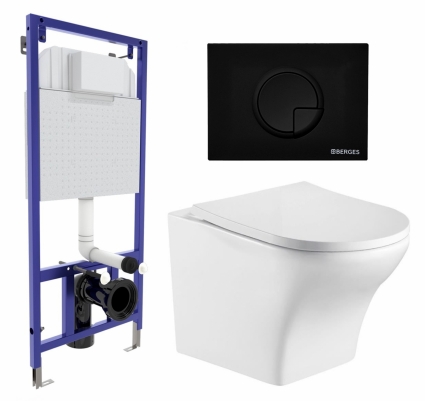 Комплект 3 в 1 инсталляция Berges Wasserhaus Novum 040225 + Подвесной унитаз WeltWasser Odenbach 004 GL-WT + кнопка черная