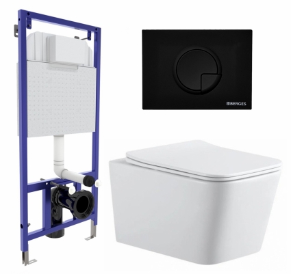 Комплект 3 в 1 инсталляция Berges Wasserhaus Novum 040225 + Подвесной унитаз SinteSi BALTI + кнопка черная