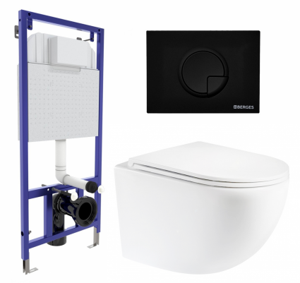 Комплект 3 в 1 инсталляция Berges Wasserhaus Novum 040225 + Унитаз подвесной Enio Unico Tornado 1.0 + кнопка черная