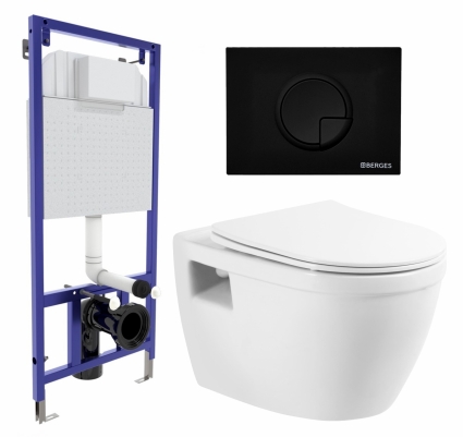 Комплект 3 в 1 инсталляция Berges Wasserhaus Novum 040225 + Унитаз подвесной BelBagno Loto BB070CHR/SC + кнопка черная