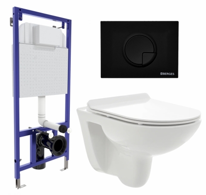 Комплект 3 в 1 инсталляция Berges Wasserhaus Novum 040225 + Унитаз подвесной AQUAme AQM2008 + кнопка черная