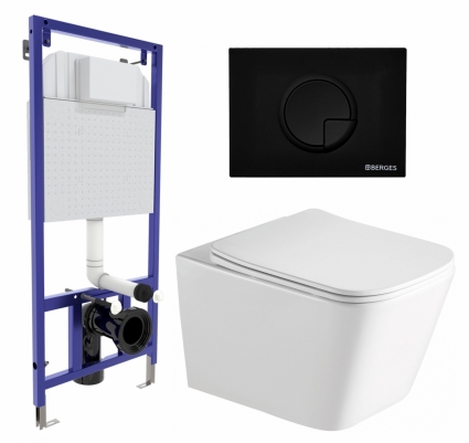 Комплект 3 в 1 инсталляция Berges Wasserhaus Novum 040225 + Унитаз подвесной SantiLine SL-5007 + кнопка черная