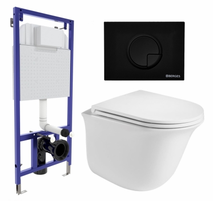 Комплект 3 в 1 инсталляция Berges Wasserhaus Novum 040225 + Подвесной унитаз WeltWasser Telbach 004 GL-WT + кнопка черная