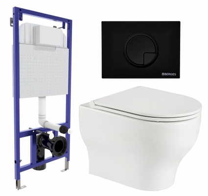Комплект 3 в 1 инсталляция Berges Wasserhaus Novum 040225 + Подвесной унитаз WeltWasser Erlenbach 004 GL-WT + кнопка черная