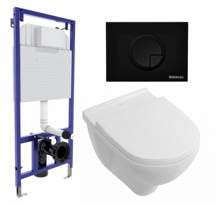Комплект 3 в 1 инсталляция Berges Wasserhaus Novum 040225 + Унитаз подвесной Villeroy & Boch O Novo Directflush + кнопка черная