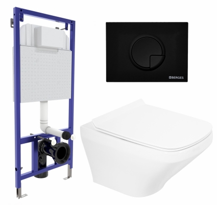 Комплект 3 в 1 инсталляция Berges Wasserhaus Novum 040225 + Унитаз подвесной BelBagno Sela BB3201CHR + кнопка черная