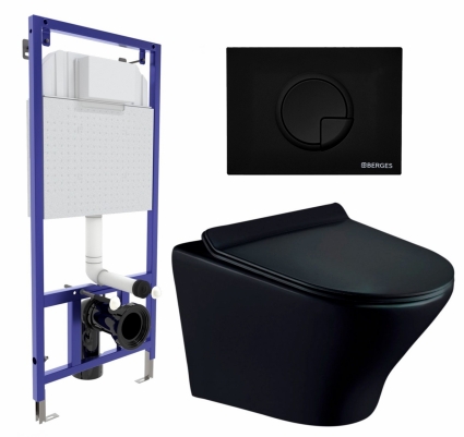 Комплект 3 в 1 инсталляция Berges Wasserhaus Novum 040225 + Унитаз подвесной Esbano Aster ESUPASTEBM + кнопка черная