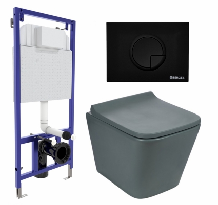 Комплект 3 в 1 инсталляция Berges Wasserhaus Novum 040225 + Унитаз подвесной Weltwasser WW SK Gelbach 041 MT-GR + кнопка черная