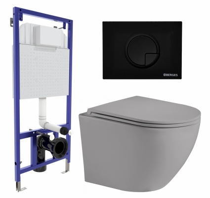 Комплект 3 в 1 инсталляция Berges Wasserhaus Novum 040225 + Унитаз подвесной Weltwasser WW Merzbach 043 MT-GR + кнопка черная