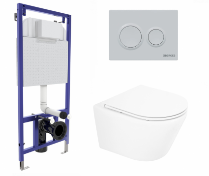 Berges Wasserhaus Комплект 3 в 1 инсталляция Berges Novum O4 + Подвесной унитаз BelBagno Tre BB8001CHR/SC с кнопкой белой 