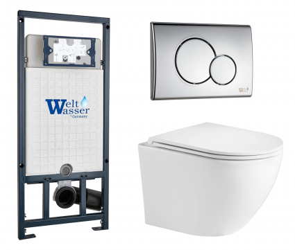 Комплект 3 в 1 инсталляция WeltWasser WW Marberg 507 + Подвесной унитаз Weltwasser WW Merzbach 043GL-WT с кнопкой хром RD