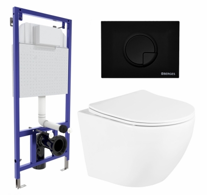 Комплект 3 в 1 инсталляция Berges Wasserhaus Novum 040225 + Унитаз подвесной BelBagno Uno BB3105CHR/SC + кнопка черная