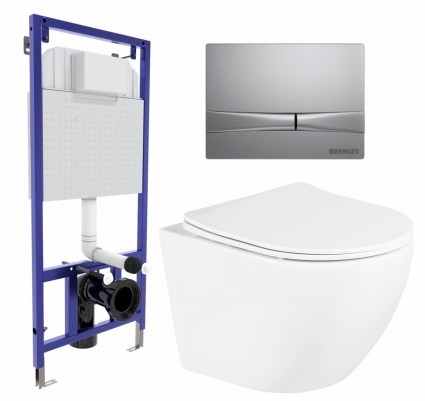 Комплект 3 в 1 инсталляция Berges Wasserhaus Novum 040252 + Унитаз подвесной BelBagno Uno BB3105CHR/SC + кнопка хром матовая