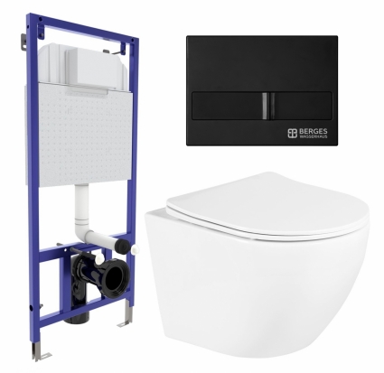 Комплект 3 в 1 инсталляция Berges Wasserhaus Novum L5 + Унитаз подвесной BelBagno Uno BB3105CHR/SC + кнопка черная