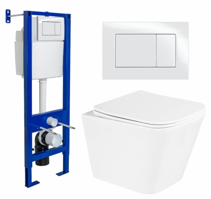 Комплект 3 в 1 инсталляция Berges Wasserhaus Atom 410 + Унитаз подвесной BelBagno Due BB3103CHR/SC + кнопка белая