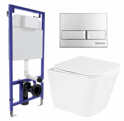 Комплект 3 в 1 инсталляция Berges Wasserhaus Novum L3 + Унитаз подвесной BelBagno Due BB3103CHR/SC + кнопка хром