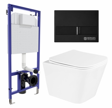 Комплект 3 в 1 инсталляция Berges Wasserhaus Novum L5 + Унитаз подвесной BelBagno Due BB3103CHR/SC + кнопка черная