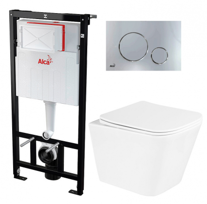 Комплект 3 в 1 инсталляция AlcaPlast + Унитаз подвесной BelBagno Due BB3103CHR/SC + кнопка хром круг