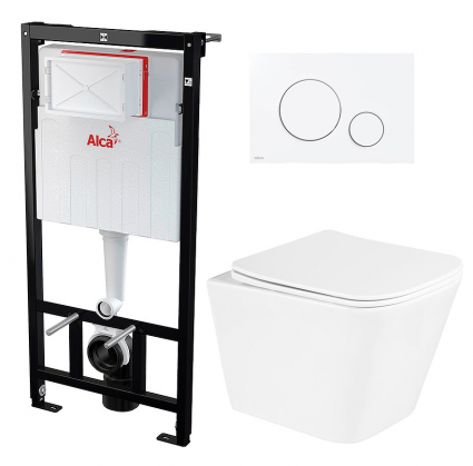 Комплект 3 в 1 инсталляция AlcaPlast + Унитаз подвесной BelBagno Due BB3103CHR/SC + кнопка белая круг