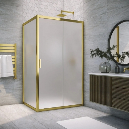 Душевой уголок Vegas Glass ZP+ZPV Tur Novo h1900 130*70 09 10 профиль золото, стекло сатин, прямоугольный, двери раздвижные