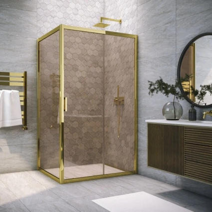 Душевой уголок Vegas Glass ZP+ZPV Tur Novo h1900 100*70 09 05 профиль золото, стекло бронза, прямоугольный, двери раздвижные