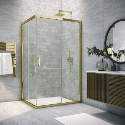 Душевой уголок Vegas Glass ZA-F Tur Novo h1900 100*80 09 01 профиль золото, стекло прозрачное, прямоугольный, двери раздвижные