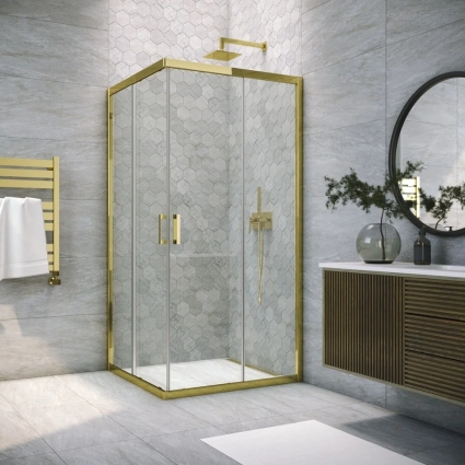 Душевой уголок Vegas Glass ZA Tur Novo h1900 100 09 01 профиль золото, стекло прозрачное, квадратный, двери раздвижные