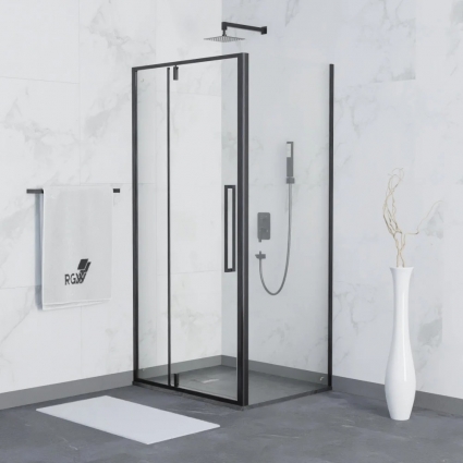 Душевой уголок RGW Stilvoll SV-03B+90 см (119-122)x90x200 профиль черный матовый, стекло прозрачное, двери распашные, с покрытием анти-капля