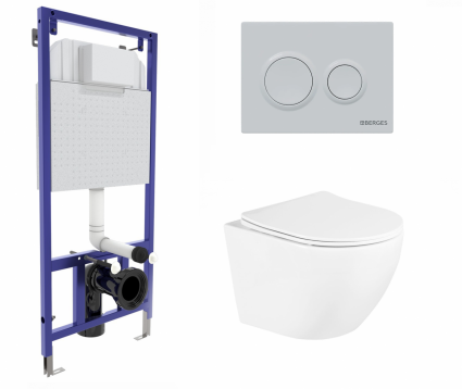 Berges Wasserhaus Комплект 3 в 1 инсталляция Berges Novum O4 + Подвесной унитаз BelBagno Uno BB3105CHR/SC с кнопкой белой