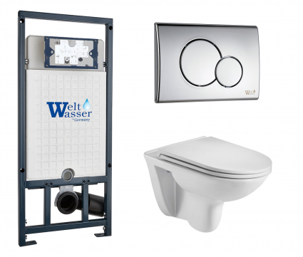Комплект 3 в 1 инсталляция WeltWasser WW Marberg 507 + Подвесной унитаз WeltWasser Baarbach 004 GL-WT с кнопкой хром RD