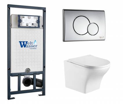 Комплект 3 в 1 инсталляция WeltWasser WW Marberg 507 + Подвесной унитаз WeltWasser Odenbach 004 GL-WT с кнопкой хром RD