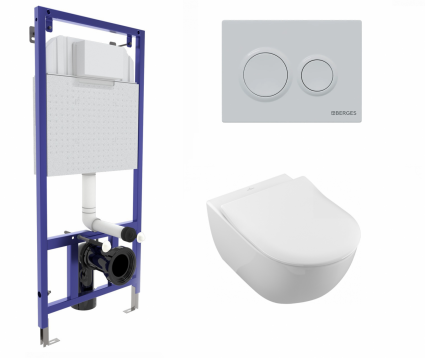 Berges Wasserhaus Комплект 3 в 1 инсталляция Berges Novum O4 + Унитаз подвесной Villeroy & Boch Subway 2.0 5614R201 с кнопкой белой