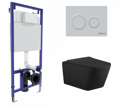 Berges Wasserhaus Комплект 3 в 1 инсталляция Berges Novum O4 + Унитаз подвесной Aquanet Tavr-W BW 287011 черный с кнопкой белой