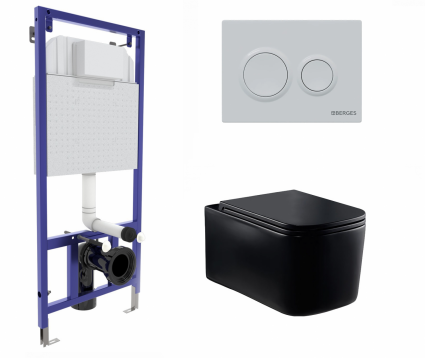 Berges Wasserhaus Комплект 3 в 1 инсталляция Berges Novum O4 + Унитаз Vincea Ultra Rimless VT1-32MB подвесной черный с кнопкой белой