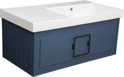 Тумба с раковиной La Fenice Cubo 90 R синяя, ручка черная, подвесная, матовая