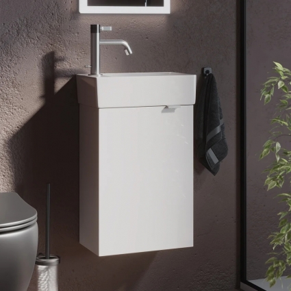 Тумба с раковиной Sancos Mini 35 L подвесная, белый глянец, с дверками, фурнитура матовое серебро