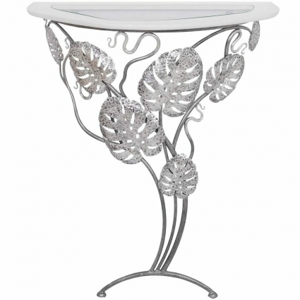 Консоль Bogacho Monstera Deliciosa Glass Айс серебряного цвета без ящиков,  стиль классический
